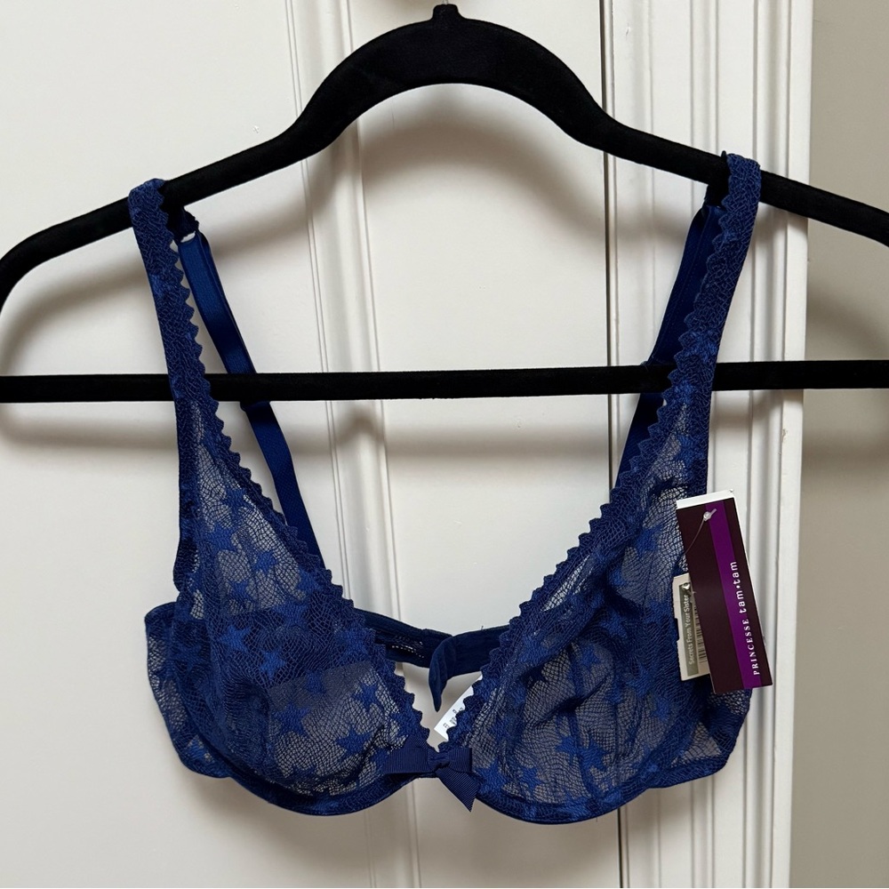 BNWT Princesse Tam Tam Paris Deep Royal Blue Star Fancy Underwire Lace Bra 34C